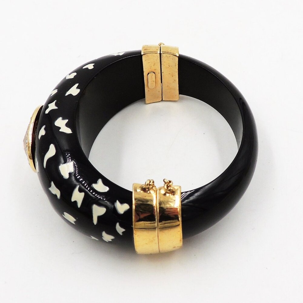 Vintage 1980s Italian Black Spotted Rhinestone Cuff Bracelet - Picture 9 of 11